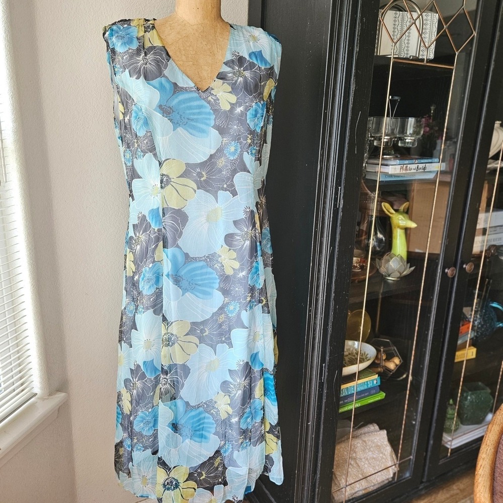 J. Peterman 100% Silk Blue Floral Sleeveless Midi Dress Women's Size 14